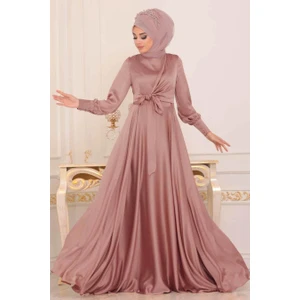 Tesettürlü Abiye Elbise - Krep Saten Pudra Tesettür Abiye Elbise 1420PD