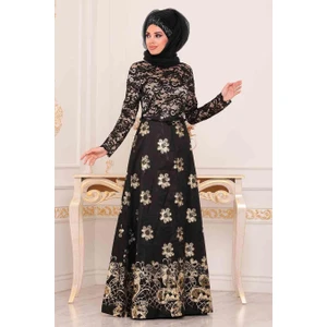 Nayla Collection - Çiçek Desenli Siyah Tesettür Abiye Elbise 82457S
