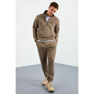 Tommy Life Camel Yarım Fermuar Dik Yaka Lastik Paça Polar Erkek Eşofman Takımı - 85159
