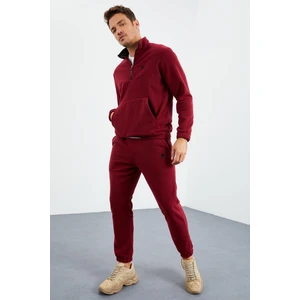 Tommy Life Erguvan Yarım Fermuar Dik Yaka Lastik Paça Polar Erkek Eşofman Takımı - 85159