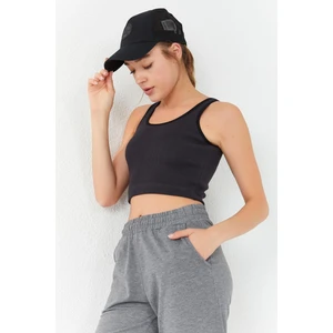 Tommy Life Füme Basic Sıfır Kol Dar Kalıp U Yaka Kadın Crop Top Atlet - 97160