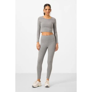 Gri Melanj Yüksek Bel Uzun Kollu Slim Fit Crop Top Kadın Tayt Takım - 95286