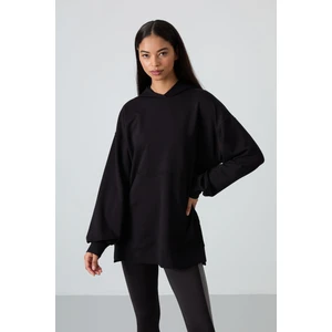 Tommy Life Siyah Balon Kol Yazı Nakışlı Kadın Oversize Tunik Sweatshirt - 97163
