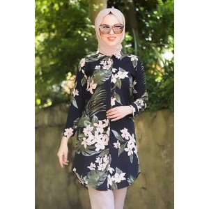Neva Style - Çiçek Desenli Siyah Tesettür Tunik 10520S