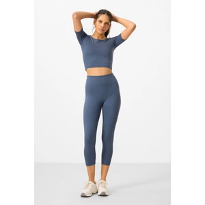 Tommy Life Petrol Yüksek Bel Kapri-Crop T-Shirt Slim Fit Kadın Tayt Takım - 95285