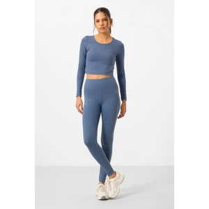 Petrol Yüksek Bel Uzun Kollu Slim Fit Crop Top Kadın Tayt Takım - 95286