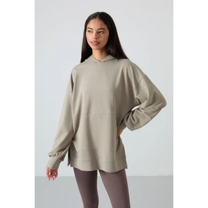 Tommy Life Koyu Bej Balon Kol Yazı Nakışlı Kadın Oversize Tunik Sweatshirt - 97163
