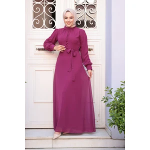 Neva Style - Düğme Detaylı Fuşya Tesettür Elbise 2703F