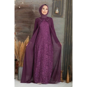 Neva Style  Neva Style - Dantelli Mor Tesettür Abiye Elbise 20803MOR