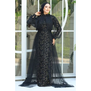 Neva Style  Tesettürlü Abiye Elbise - Pul Payetli Gold Tesettür Abiye Elbise 54410GOLD