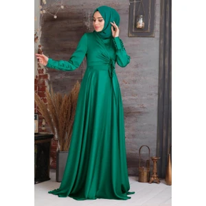 Neva Style Tesettürlü Abiye Elbise - Krep Saten Yeşil Tesettür Abiye Elbise 1420Y