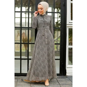 Neva Style - Leopar Desenli Gri Tesettür Elbise 27904GR