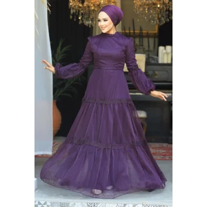 Dantel Detaylı Mor Tesettür Abiye Elbise 2335MOR