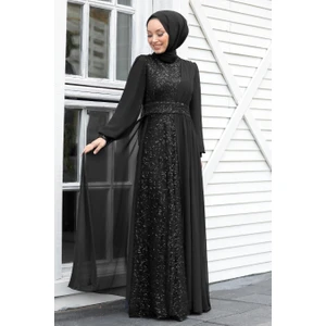 Neva Style  Tesettür Abiye Elbise - Pul Payetli Siyah Tesettür Abiye Elbise 5408S