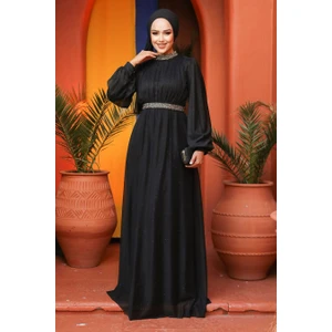 Neva Style  Tesettürlü Abiye Elbise - Simli Siyah Tesettür Abiye Elbise 5501S