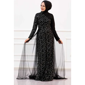 Neva Style  Tesettürlü Abiye Elbise - Pul Payetli Gümüş Tesettür Abiye Elbise 5345GMS