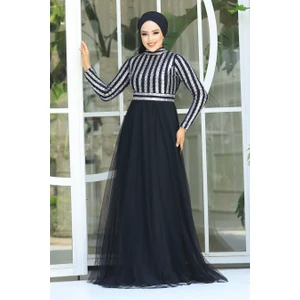 Neva Style  Tesettürlü Abiye Elbise - Pul Payetli Gümüş Tesettür Abiye Elbise 5338GMS