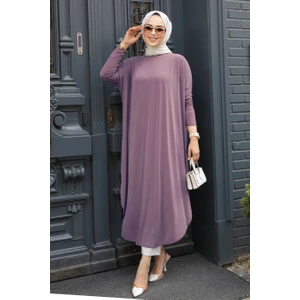 Neva Style - Yırtmaç Detaylı Gül Kurusu Tesettür Triko Tunik 17350GK
