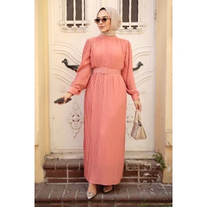 Neva Style - Pileli Somon Tesettür Elbise 3369SMN