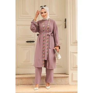 Neva Style - Kimono Koyu Lila Tesettür Üçlü Takım 51910KLILA