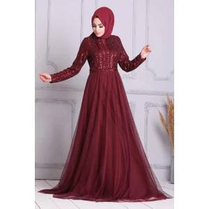 Neva Style  Tesettürlü Abiye Elbise - Pul Payetli Bordo Tesettür Abiye Elbise 5338BR