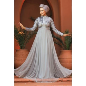 Neva Style Pul Payetli Gri Tesettür Abiye Elbise 5338GR