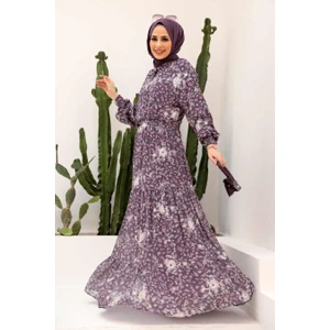 Neva Style - Yakası Bağcıklı Mor Tesettür Elbise 2327MOR