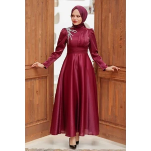 Neva Style  Tesettürlü Abiye Elbise - Saten Bordo Tesettür Abiye Elbise 22301BR