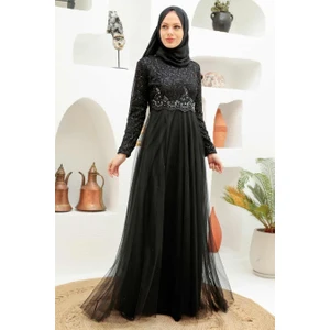 Neva Style - Boncuk Işlemeli Siyah Tesettür Abiye Elbise 9160S