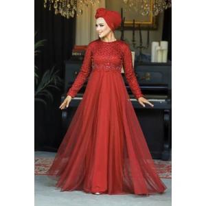 Neva Style - Boncuk Işlemeli Bordo Tesettür Abiye Elbise 9160BR