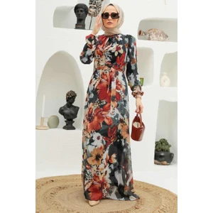 Neva Style - Çiçek Desenli Hardal Tesettür Elbise 27925HR