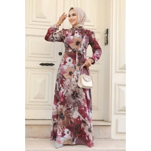 Neva Style - Çiçek Desenli Vişne Tesettür Elbise 27925VSN
