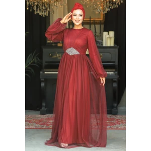 Neva Style  Tesettürlü Abiye Elbise - Tüllü Bordo Tesettür Abiye Elbise 54230BR