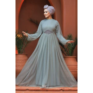 Neva Style  Tesettürlü Abiye Elbise - Tüllü Mint Tesettür Abiye Elbise 54230MINT