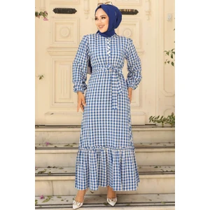 Neva Style - Kareli Indigo Mavisi Tesettür Elbise 33940IM