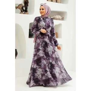 Neva Style - Çiçek Desenli Gül Kurusu Tesettür Elbise 279054GK