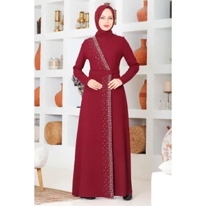 Neva Style Tesettürlü Abiye Elbise - Boncuk Işlemeli Bordo Tesettür Abiye Elbise 32150BR