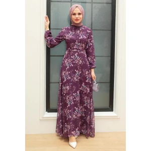 Neva Style - Çiçek Desenli Mor Tesettür Elbise 279061MOR