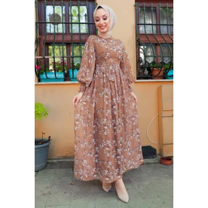 Neva Style - Çiçek Desenli Taba Tesettür Elbise 5683TB