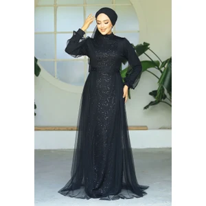 Neva Style Tesettürlü Abiye Elbise - Pul Payet Işlemeli Siyah Tesettür Abiye Elbise 5632S