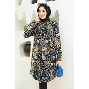 Neva Style - Desenli Siyah Tesettür Viskon Tunik 11557S