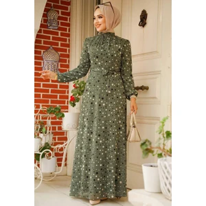 Neva Style - Puantiye Desenli Haki Tesettür Elbise 279065HK