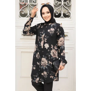 Neva Style - Desenli Siyah Tesettür Tunik 11550S