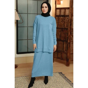 Neva Style - Etekli Indigo Mavisi Tesettür Triko Ikili Takım 34021IM