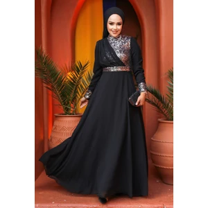 Neva Style Tesettürlü Abiye Elbise - Pul Payet Işlemeli Gümüş Tesettür Abiye Elbise 5793GMS
