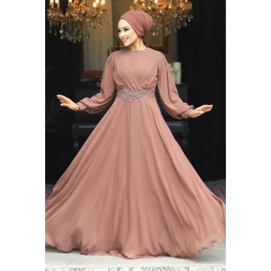Neva Style Tesettürlü Abiye Elbise - Dantel Detaylı Kahverengi Tesettür Abiye Elbise 3435KH