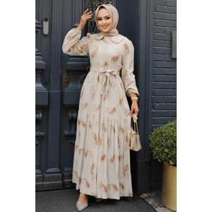 Neva Style - Desenli Kahverengi Tesettür Elbise 10302KH