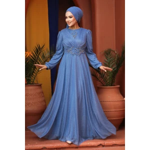 Neva Style Tesettürlü Abiye Elbise - Simli Indigo Mavisi Tesettür Abiye Elbise 50151IM