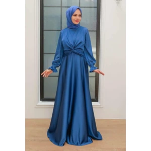 Neva Style Tesettürlü Abiye Elbise - Krep Saten Indigo Mavisi Tesettür Abiye Elbise 3389IM