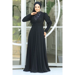 Neva Style Tesettürlü Abiye Elbise -  Pul Payet Detaylı Gümüş Tesettür Abiye Elbise 56280GMS